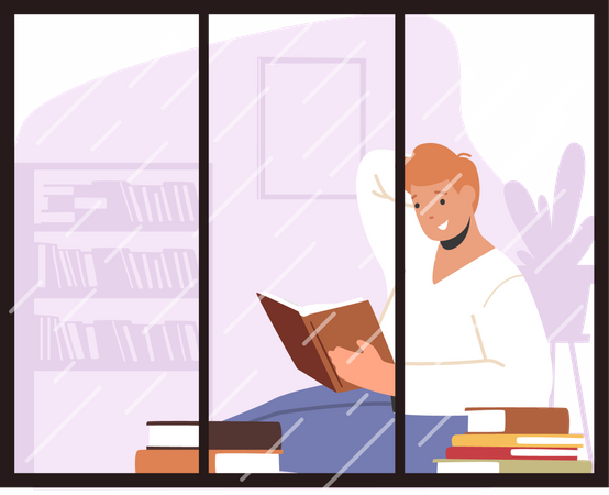 Hombre leyendo un libro mientras está sentado en la ventana  Ilustración