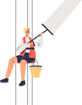 Hombre limpiador de vidrios lavando ventanas de rascacielos  Ilustración
