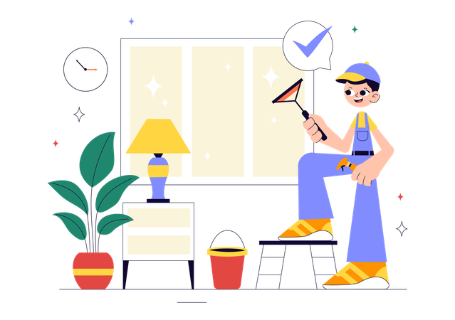 Hombre limpiando el cristal de la ventana de una casa  Ilustración