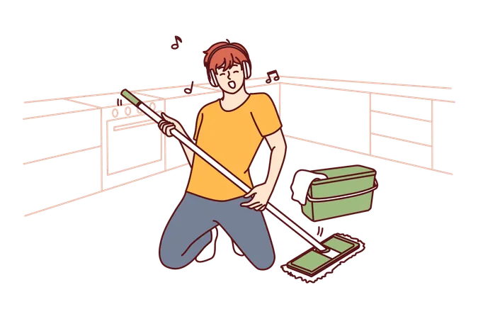 Hombre limpiando el piso con un trapeador en pose de músico de rock imaginando sosteniendo la guitarra  Ilustración