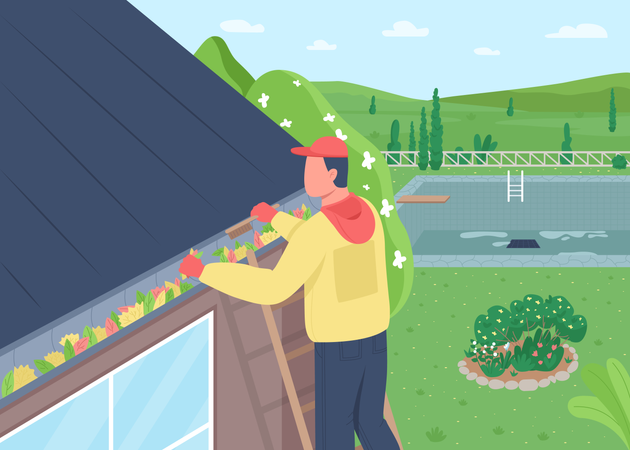 Hombre limpiando hojas del techo de la casa  Ilustración