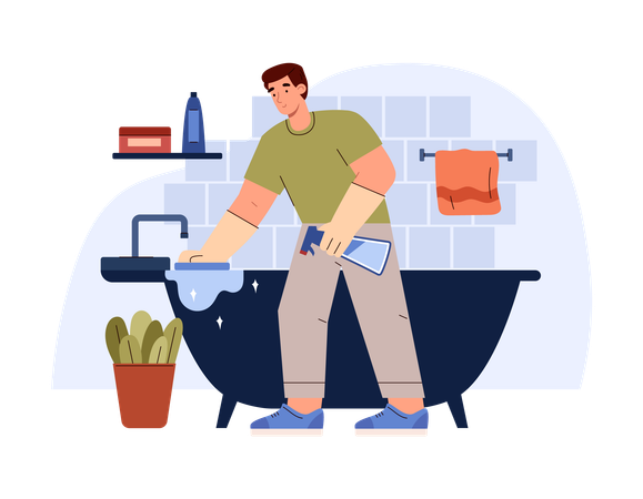 Hombre limpiando la bañera en el baño  Ilustración