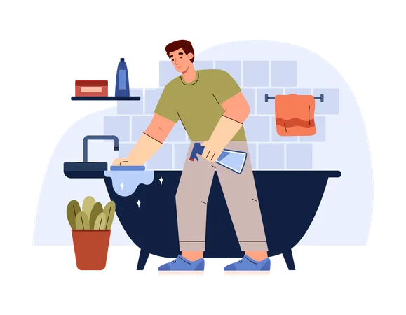 Hombre limpiando la bañera en el baño  Ilustración