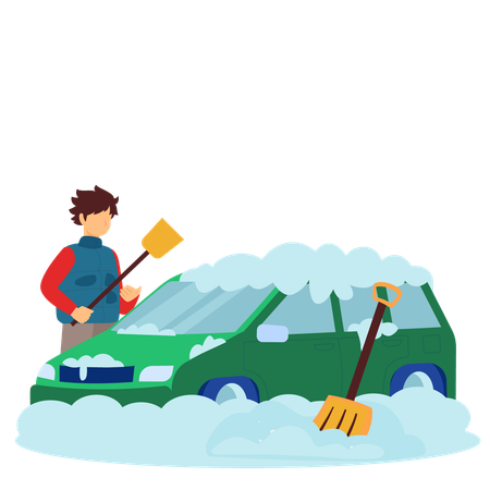 Hombre limpiando la nieve del coche  Ilustración