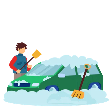 Hombre limpiando la nieve del coche  Ilustración