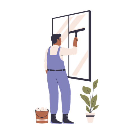 Hombre limpiando la ventana de cristal  Ilustración