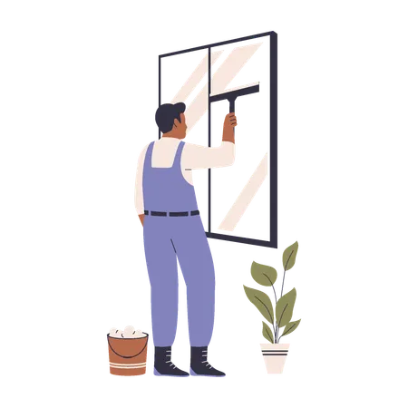 Hombre limpiando la ventana de cristal  Ilustración