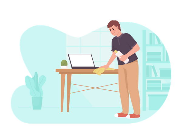 Hombre limpiando mesa con paño  Ilustración