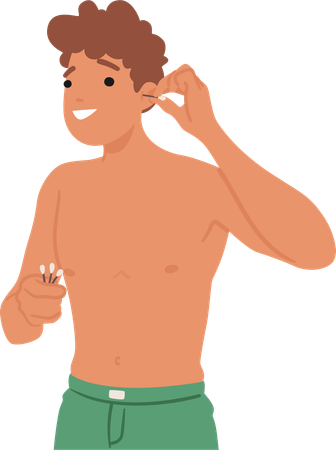 Hombre limpiando oídos con auricular  Ilustración