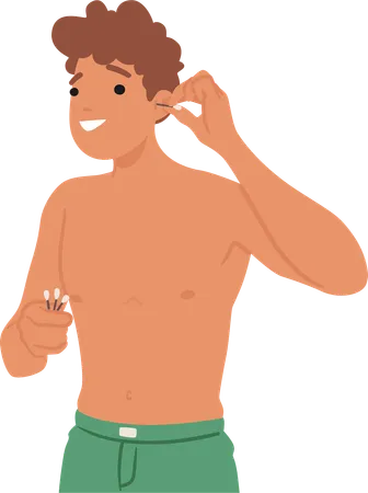 Hombre limpiando oídos con auricular  Ilustración
