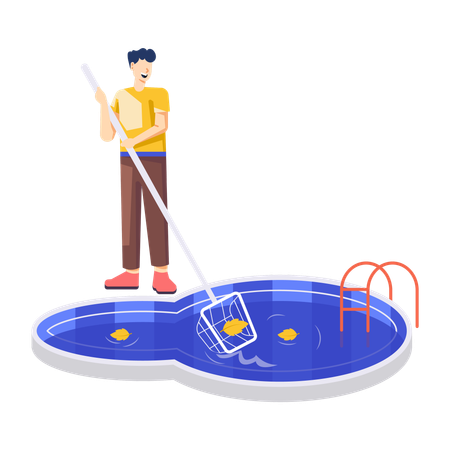 Hombre haciendo limpieza de piscina  Ilustración