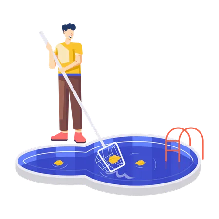 Hombre haciendo limpieza de piscina  Ilustración