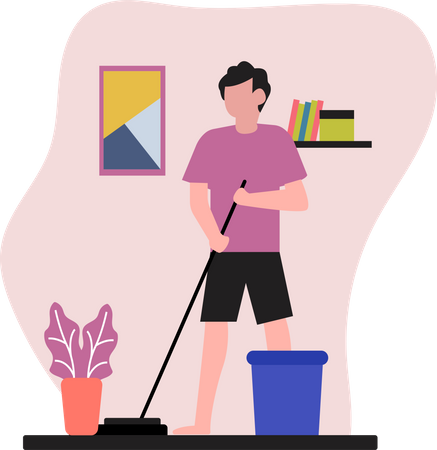 Hombre limpiando piso con escoba  Ilustración