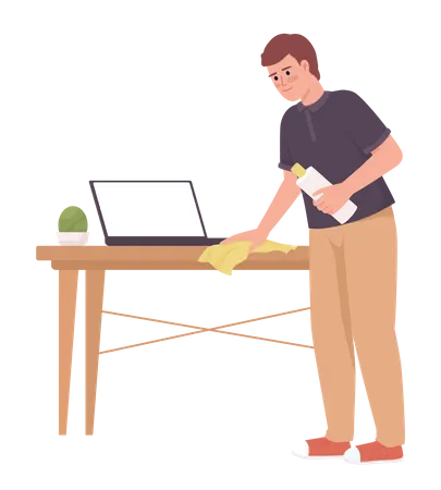 Hombre limpiando la superficie de la mesa de madera con un paño  Ilustración