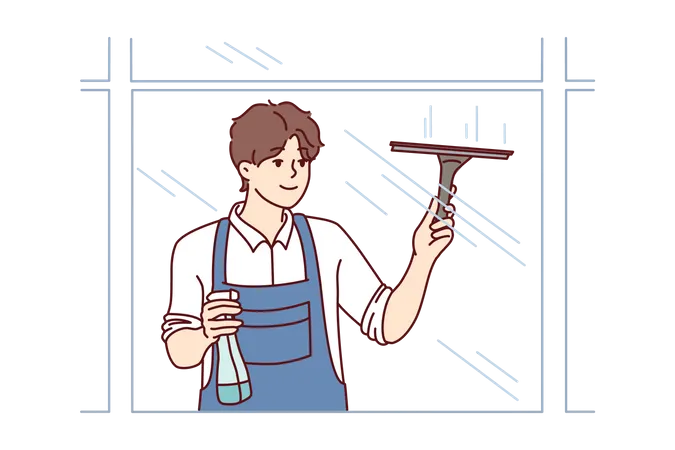 Hombre limpiando el cristal de la ventana con un limpiaparabrisas  Ilustración