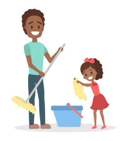 El hombre limpia la casa y hace las tareas del hogar con su hija.  Ilustración