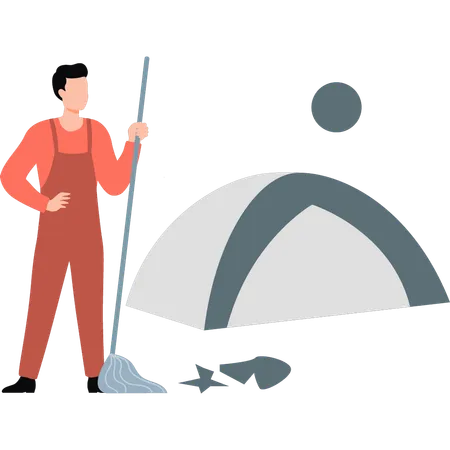 Hombre limpiando camping con escoba  Ilustración