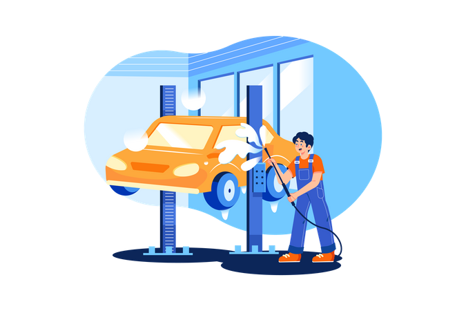 Hombre limpiando auto  Ilustración