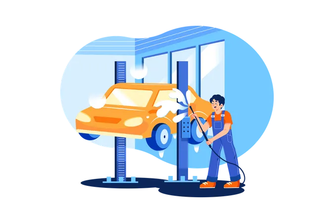 Hombre limpiando auto  Ilustración