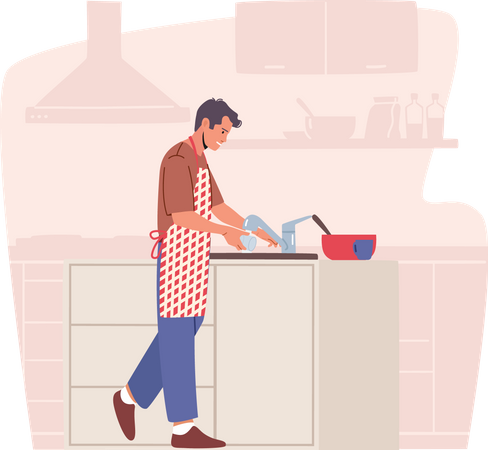 Hombre limpiando utensilios de cocina  Ilustración