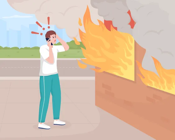 Hombre llamando a los bomberos durante un incendio  Ilustración