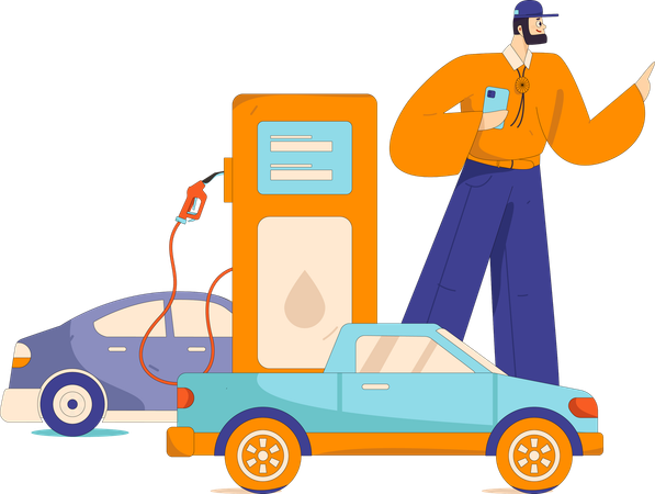 El hombre llena gasolina en el coche  Ilustración