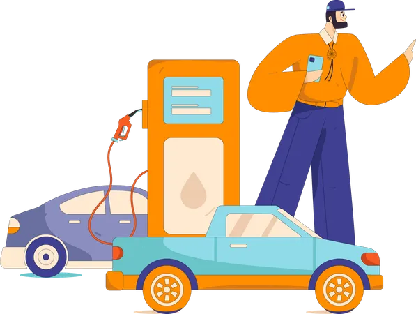 El hombre llena gasolina en el coche  Ilustración