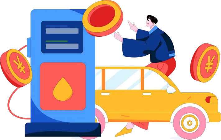 El hombre llena gasolina en el coche  Ilustración