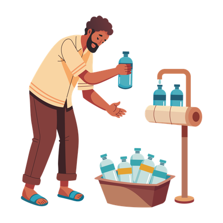 Hombre llenando botellas de agua de un grifo público  Ilustración