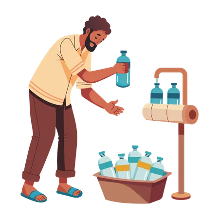 Hombre llenando botellas de agua de un grifo público  Ilustración