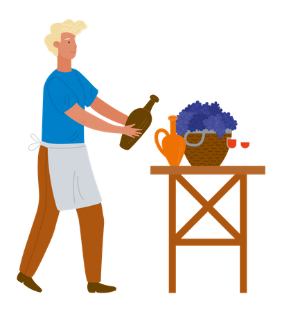 Hombre llenando jarra de vino  Ilustración