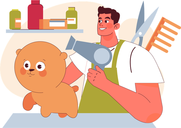 Hombre lleva a su perro a peluquear  Ilustración