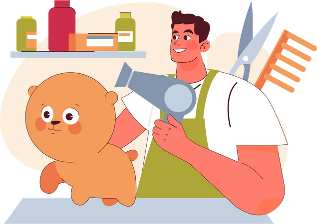 Hombre lleva a su perro a peluquear  Ilustración