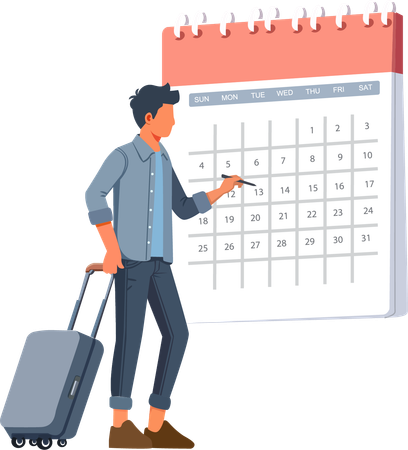 El hombre lleva una maleta y anota las fechas de viaje en el calendario.  Ilustración