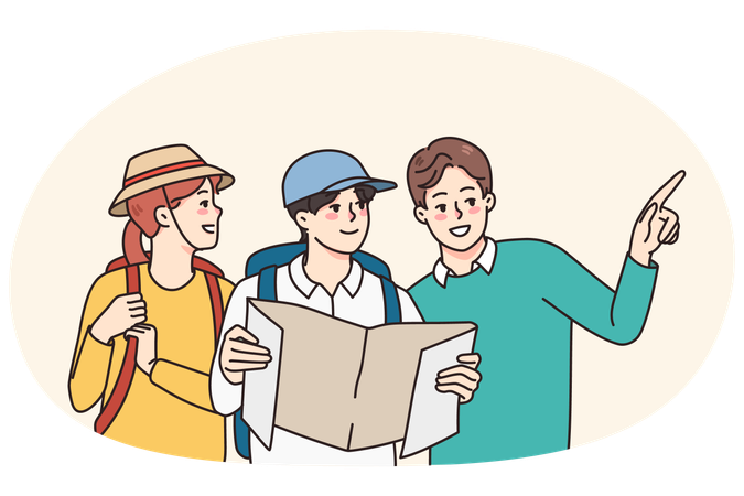 Un hombre local ayuda a los turistas a encontrar el camino correcto.  Ilustración