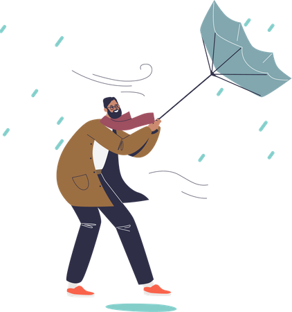 Hombre luchando con el viento sosteniendo un paraguas en la lluvia  Ilustración