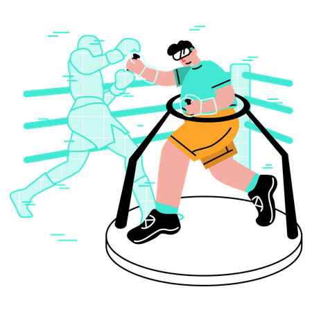 Hombre luchando contra una simulación de boxeo virtual en metaverso  Ilustración