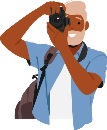 Hombre maduro capturando momentos con cámara  Ilustración