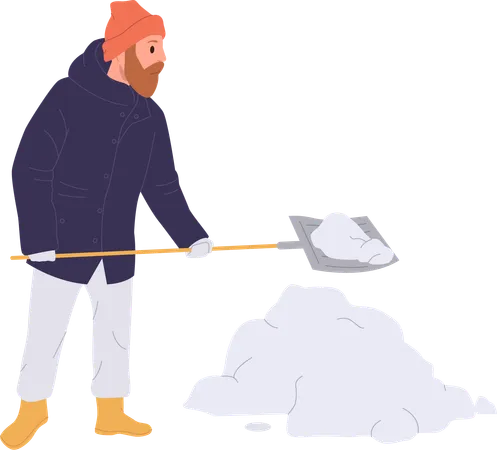 Hombre maduro cavando nieve, quitando nieve acumulada en el patio o en la carretera  Ilustración