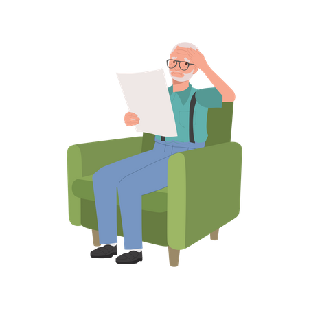 Hombre maduro con dolor de cabeza mientras lee el periódico en el sofá  Ilustración