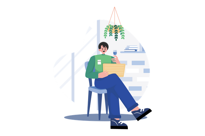 El hombre maduro se sienta en un sillón con una copa de vino en la mano  Ilustración