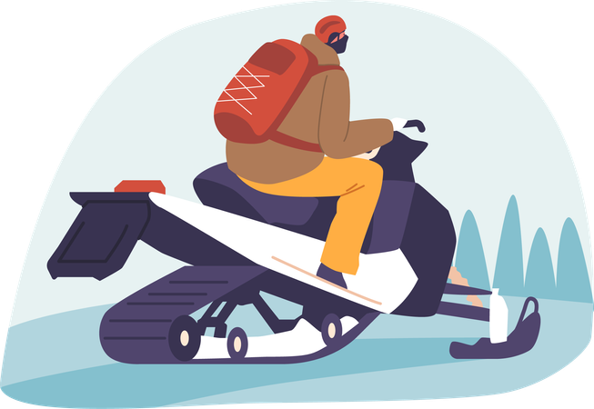 Hombre maniobra en moto de nieve a través del prístino paisaje invernal  Ilustración