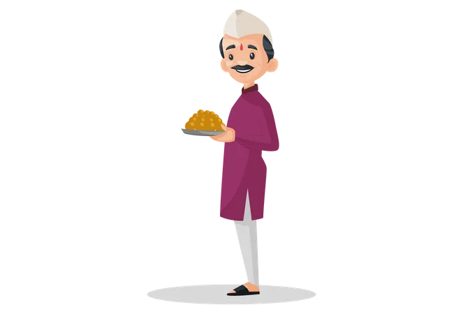 Hombre indio marathi sosteniendo un plato de dulces en sus manos  Ilustración