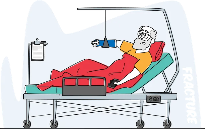 Hombre mayor acostado en una cámara clínica con el brazo roto. Paciente herido y vendado acostado en la cama con la mano atada  Ilustración