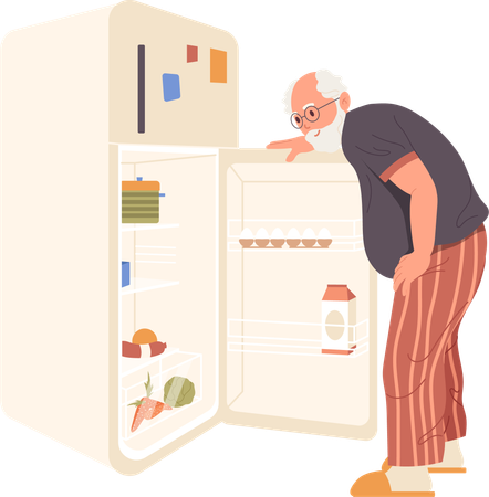 Un hombre mayor buscando comida mirando los estantes del refrigerador de la cocina abierta  Ilustración