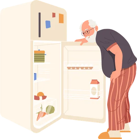 Un hombre mayor buscando comida mirando los estantes del refrigerador de la cocina abierta  Ilustración