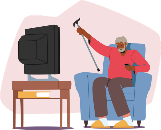 Hombre mayor molesto viendo televisión agitando bastón  Ilustración