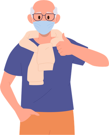 Feliz hombre mayor satisfecho con máscara médica protectora haciendo gestos con el pulgar hacia arriba  Ilustración