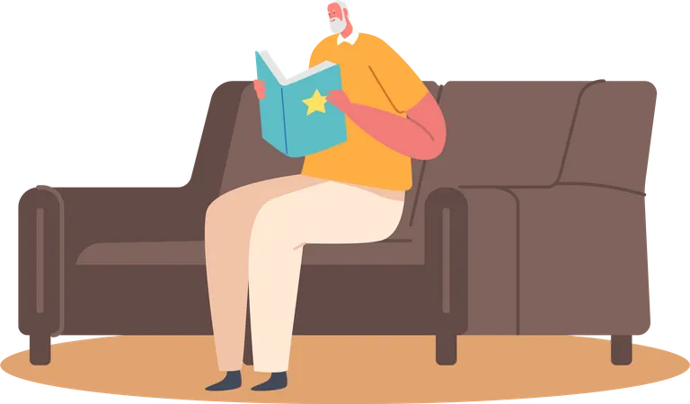 Hombre mayor leyendo un libro mientras está sentado en el sofá  Ilustración