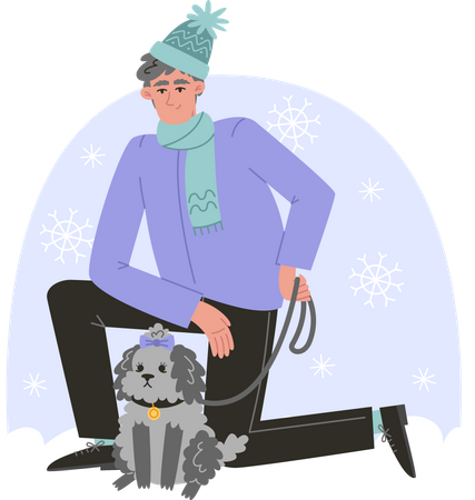 Hombre mayor paseando a su perro en invierno  Ilustración